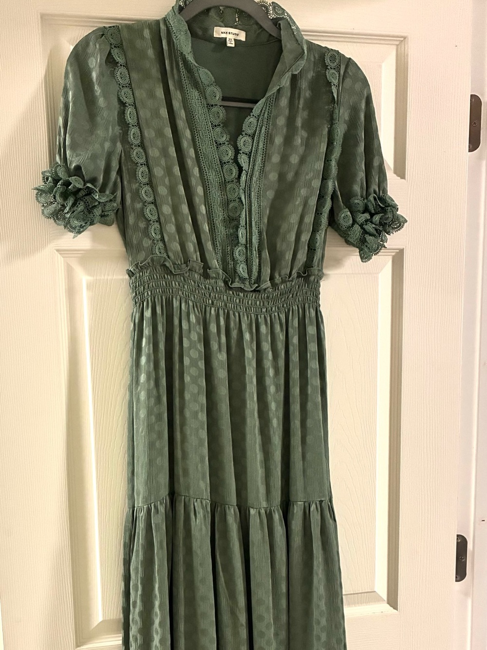 Max Studio Olive Green Tiered Prairie Long Maxi Dress: XS
